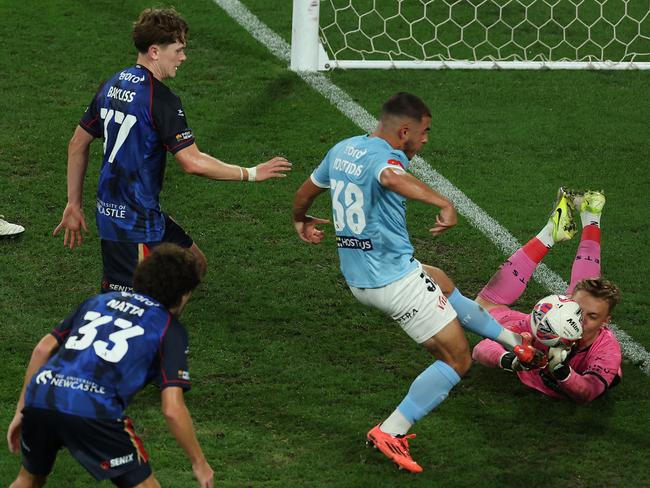 Newcastle’s Noah James makes an incredible save of Harry Politidis’ shot for Melbourne City. Picture: Getty Images