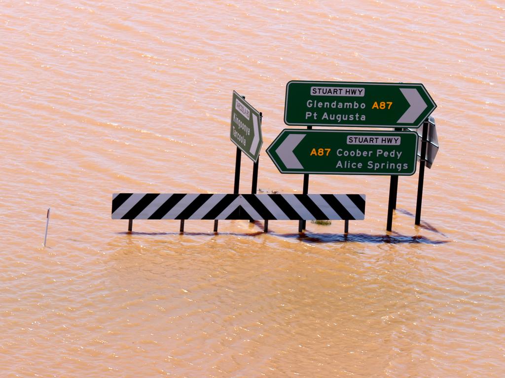 Aerial images show the flood waters in Glendambo, where the Stuart Hwy has been cut off. Picture: NCA NewsWire / Kelly Barnes