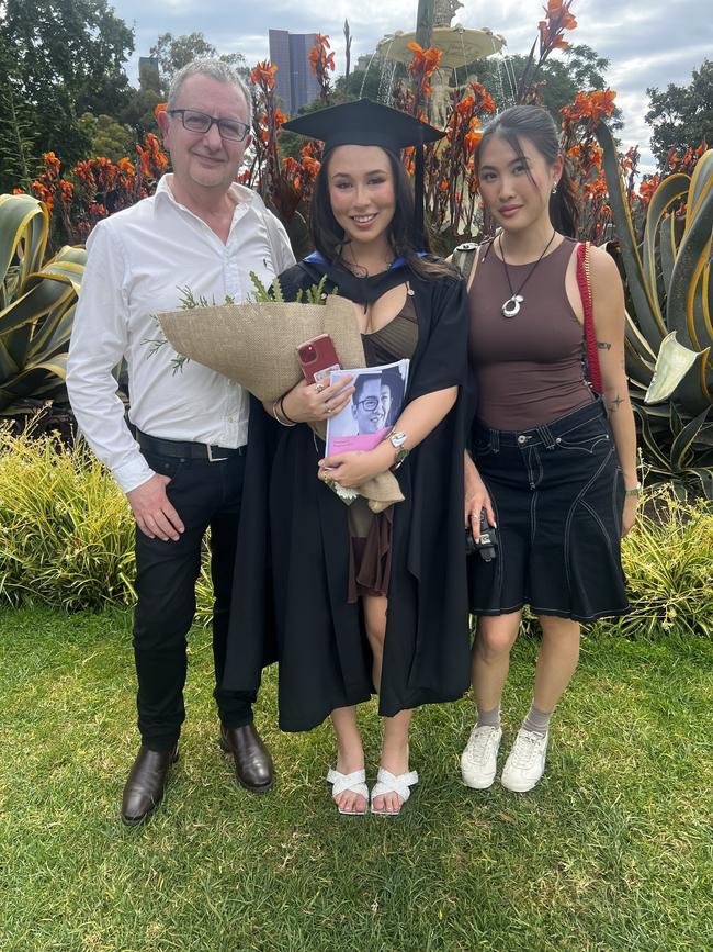 Emilio Di Sisto, Caityin Tania (Master of Marketing and Communications) and Megan Pat at the University of Melbourne graduations held at the Royal Exhibition Building on Monday, December 16, 2024. Picture: Jack Colantuono