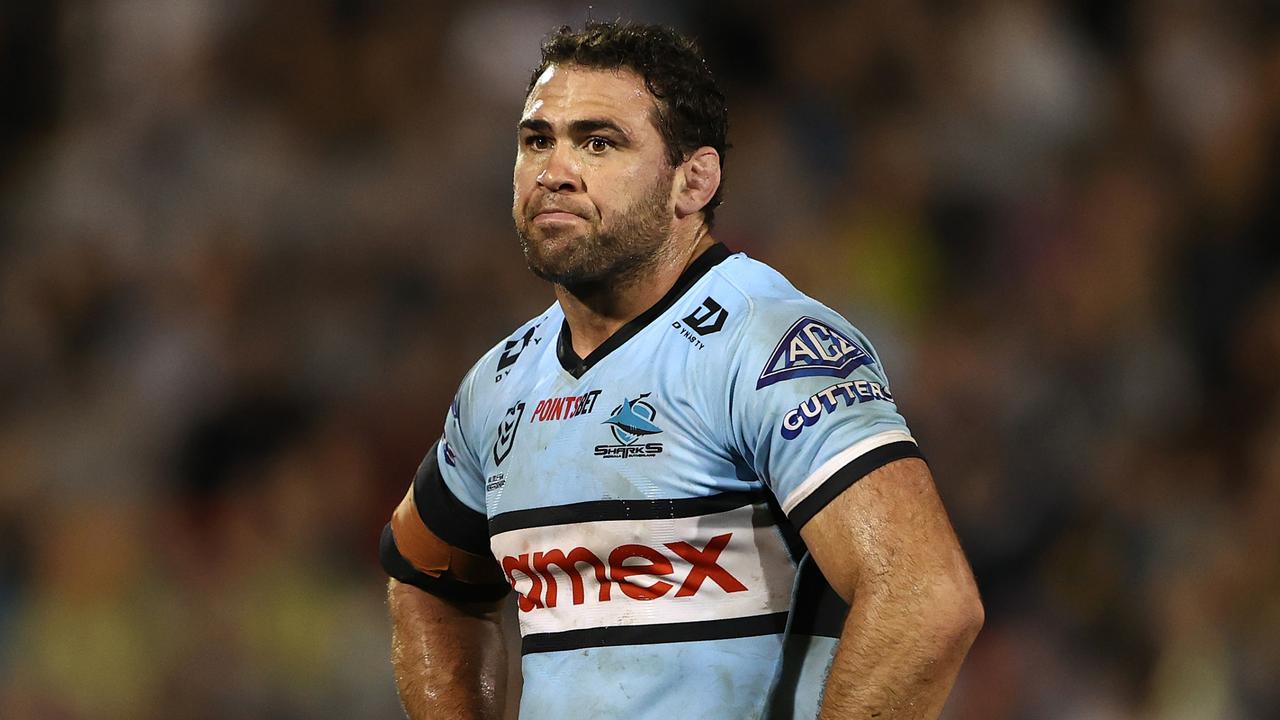 PENRITH, AUSTRALIA - JULY 23: Dale Finucane of the Sharks reacts during the round 19 NRL match between the Penrith Panthers and the Cronulla Sharks at BlueBet Stadium on July 23, 2022, in Penrith, Australia. (Photo by Matt Blyth/Getty Images)