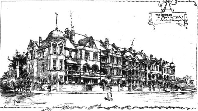 Original architectural plans for ten houses to be built on the site, designed by Maurice Halligan in 1896. Picture: Building &amp; Engineering News, July 18 1896