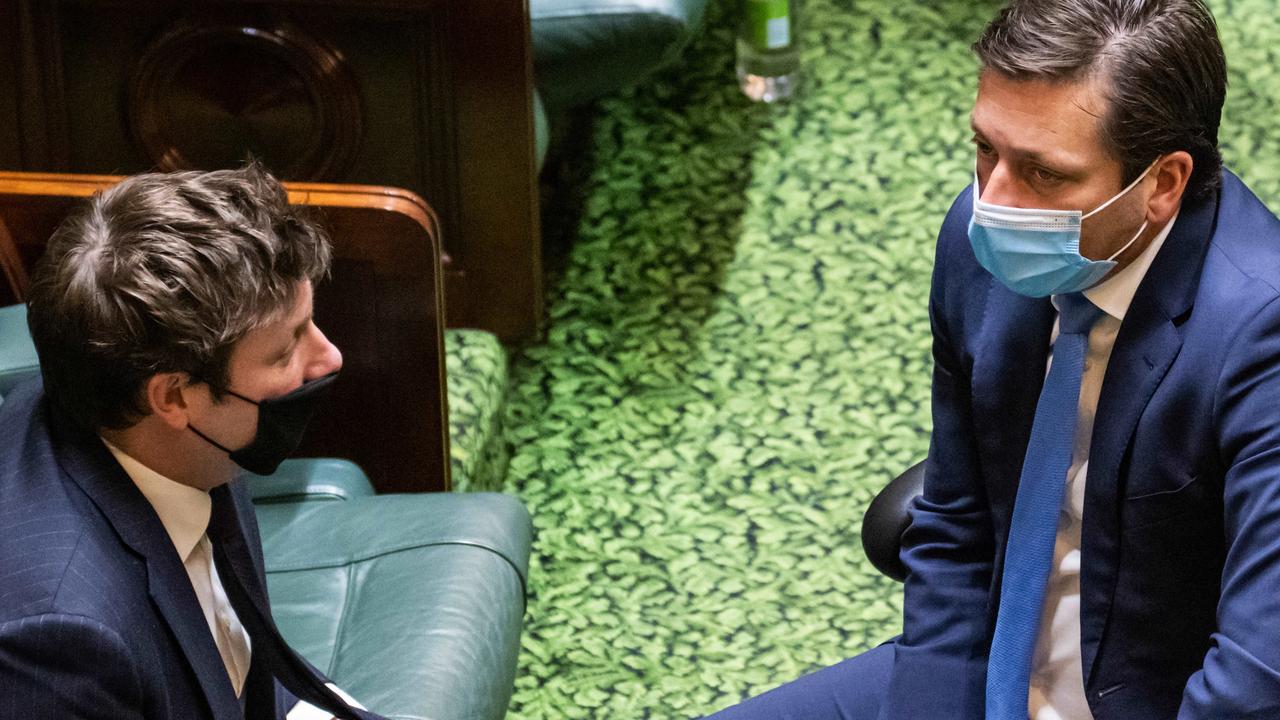 Opposition Leader Matthew Guy and Liberal MP Tim Smith in state parliament. Picture: Sarah Matray