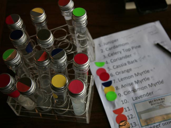 Single-flavour distillations in test tubes ready for blending to make a compound gin. Picture: AMANDA DUCKER