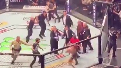 Screen grabs show the brawl between Conor McGregor and Khabib Nurmagomedov after their UFC lightweight championship fight at T-Mobile Arena in Las Vegas.