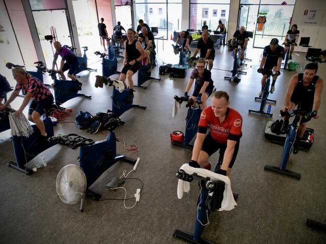 EMBARGO FOR TWAM 05 FEB 2022. FEE MAY APPLY. 15/01/2022 Participants during the Guinness World Record breaking attempt at the longest static indoor spin class at Little Bay, Sydney. Source: Anthony Gordon