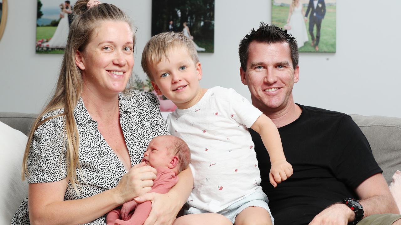 New mum Erin Harvey, pictured with husband Chris and children Stella, one week old, and Ari, 4. Picture: Lachie Millard.