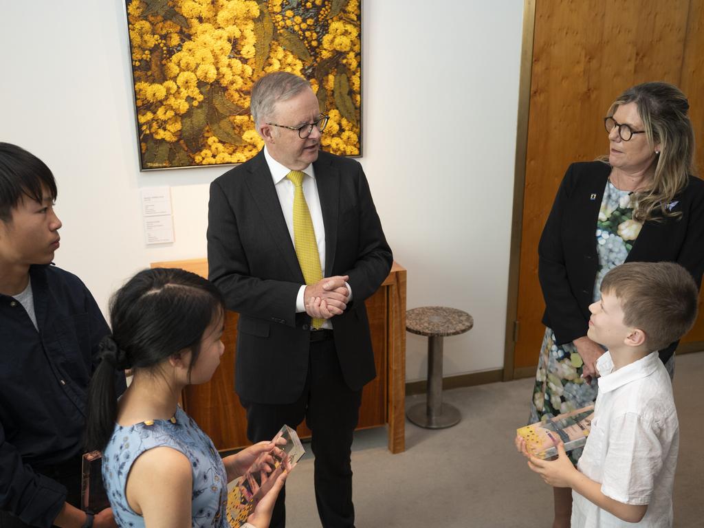 National champions in three age categories win a trip to Canberra for a private meeting with the Prime Minister, among other prizes. Mr Albanese was quizzed by the 2023 winners, years 3-4 (Green) champion Samuel Wright, years 5-6 (Orange) champion Abigail Koh and years 7-8 (Red) champion Zachary Cheng at Parliament House on November 13, 2023. Picture: NCA NewsWire/Martin Ollman