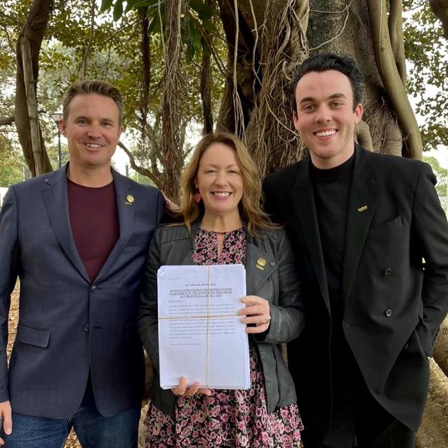 Jarad Grice and Harrison James with NSW Greens MP Abigail Boyd, the day their petition was tabled in the NSW Legislative Council. Picture: Supplied