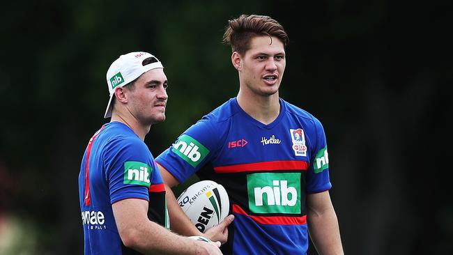 New recruits Connor Watson and Kalyn Ponga during Newcastle Knights training in Mayfield. Picture. Phil Hillyard