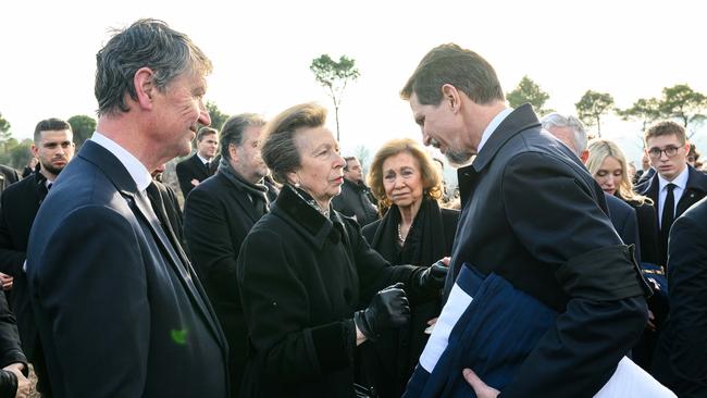 Princess Anne speaks with Pavlos, Crown Prince of Greece as they attend the burial ceremony of the late former King of Greece, Constantine II. Picture: Nikolas Kominis/AFP