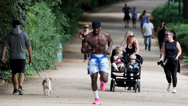 Runners, walkers and pet owners keep their distance on the Tan track in Melbourne’s Botanic Gardens. Picture: Stuart McEvoy