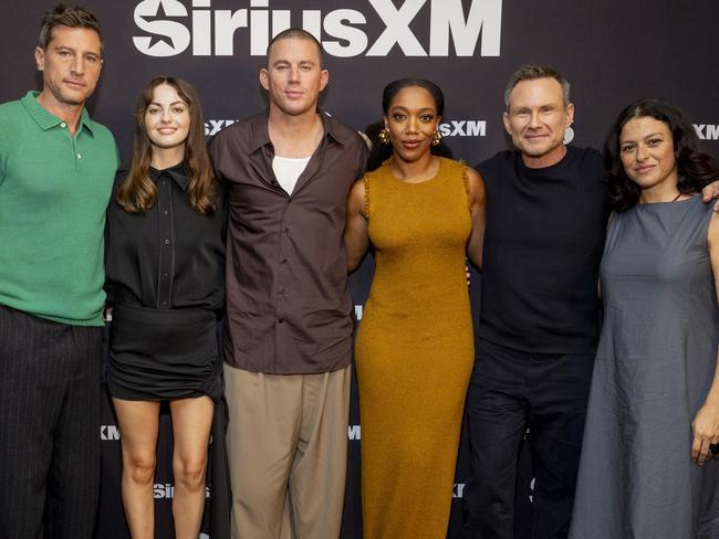 The cast of Blink Twice, (from left) Simon Rex, Trew Mullen, Channing Tatum, Naomi Ackie, Christian Slater and Alia Shawkat at SiriusXM's Town Hall in Los Angeles. Picture: Getty Images