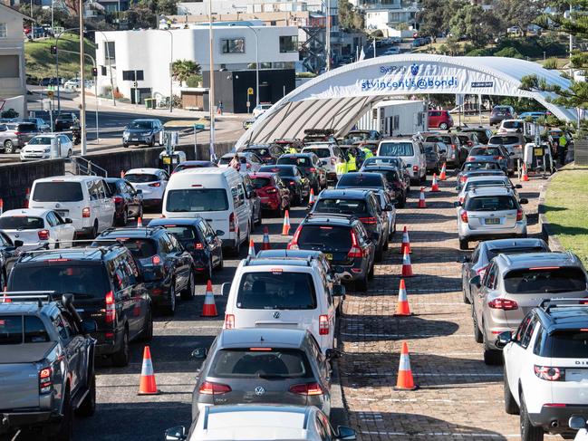 Cars queuing as people wait to be tested by medical staff working at the Bondi Drive Through Covid Testing Centre on Friday. Picture: NCA NewsWire