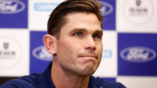 GEELONG, AUSTRALIA - MARCH 26: Tom Hawkins of the Cats speaks with media during the Geelong Cats Media Opportunity celebrating HawkinsÃâ¢ upcoming 350th match at GMHBA Stadium on March 26, 2024 in Geelong, Australia. (Photo by Michael Willson/AFL Photos via Getty Images)