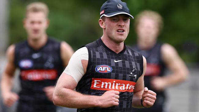 Collingwood recruit Tom Mitchell powers around Olympic Park. Picture: Michael Klein