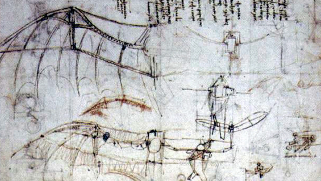 500 year old drawings of a flying machine by artist Leonardo da Vinci. drawing sketch