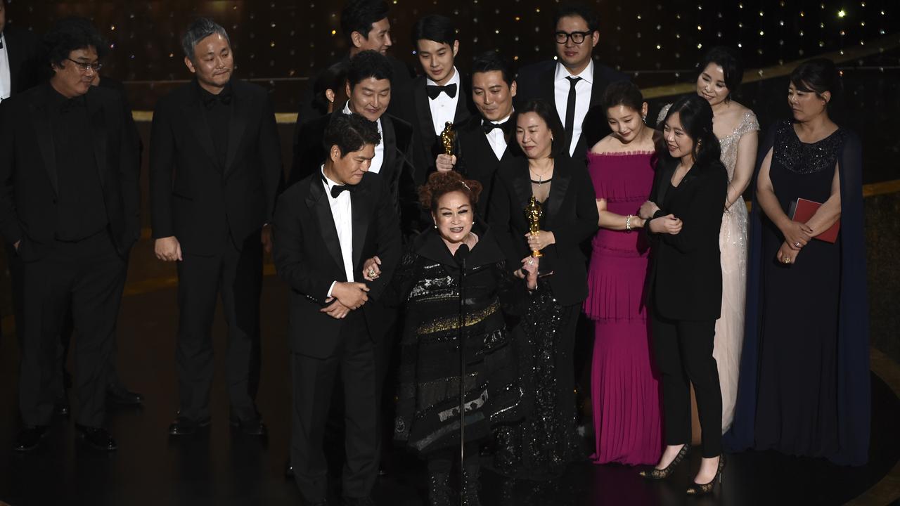 Best Picture: <i>Parasite</i>. The cast and crew accept the award. See the full <a href="https://www.theaustralian.com.au/arts/film/oscars-2020-winners-full-list-of-results/news-story/100bbb9d1d006a2869a688a969f3a2e1">list of winners here</a>. Picture: AP