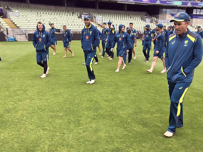 The Australian World Cup squad are pictured barefoot on the Edgbaston turf. Picture: Cricket Australia