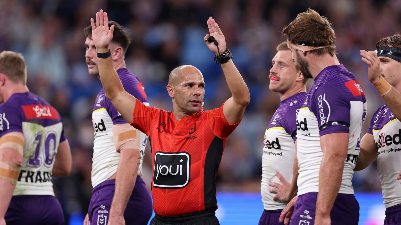 SYDNEY, AUSTRALIA - APRIL 18: Referee Ashley Klein signals during the round seven NRL match between Sydney Roosters and Melbourne Storm at Allianz Stadium on April 18, 2024, in Sydney, Australia. (Photo by Cameron Spencer/Getty Images)
