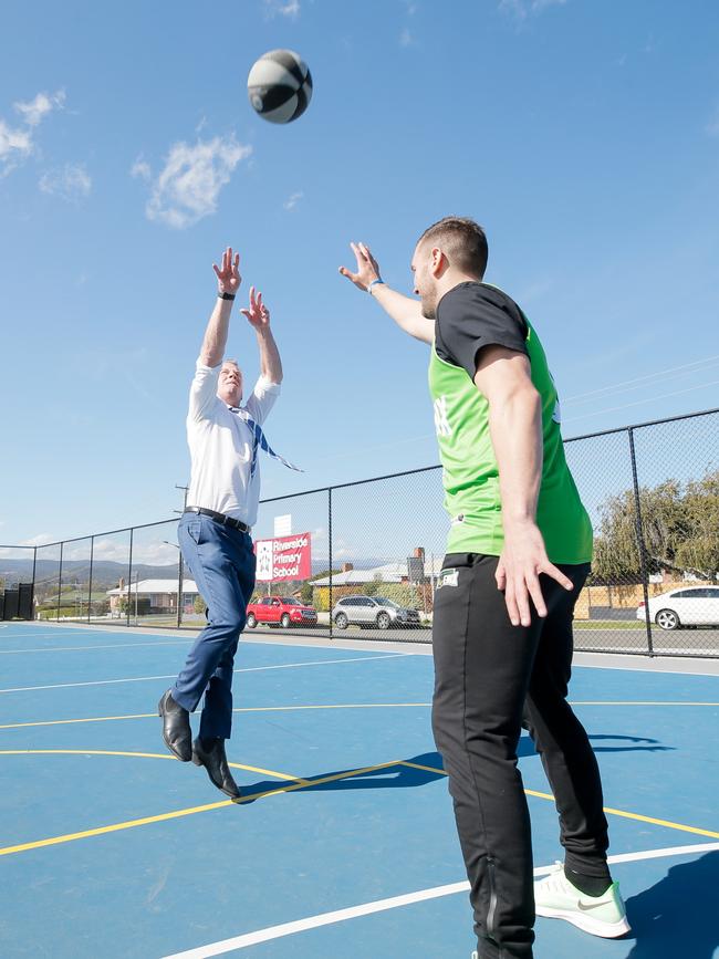 Tasmanian-born South East Melbourne Phoenix player Adam Gibson and Premier Will Hodgman. Picture: PATRICK GEE