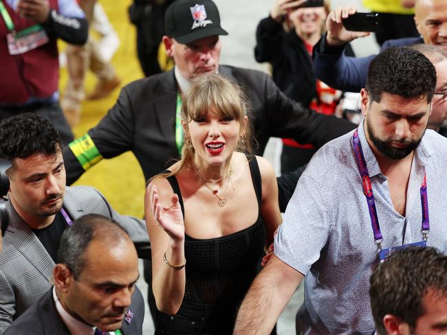 LAS VEGAS, NEVADA - FEBRUARY 11: Singer Taylor Swift reacts after the Kansas City Chiefs defeat the San Francisco 49ers 25-22 in overtime during Super Bowl LVIII at Allegiant Stadium on February 11, 2024 in Las Vegas, Nevada. (Photo by Harry How/Getty Images)