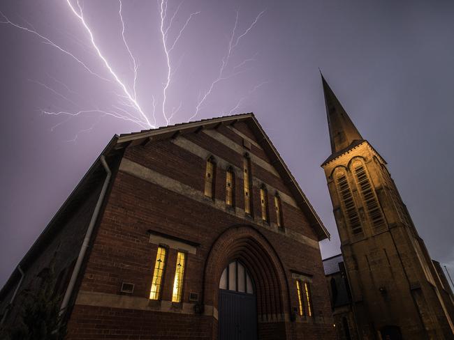 Lightning strikes over St Mark’s Anglican Church in Camberwell. Picture: Alex Coppel.