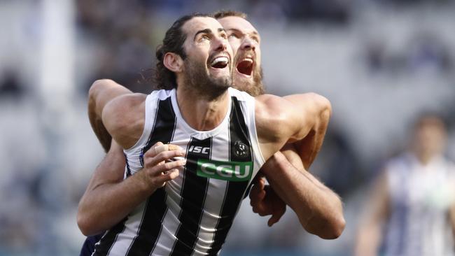 Brodie Grundy is still yet to agree a deal beyond 2020 with Collingwood, but coach Nathan Buckley is confident. Picture: AAP Image/Daniel Pockett.