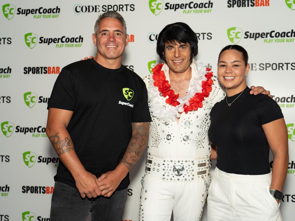 NRL star Corey Parker and NRLW star Kennedy Cherrington with Elvis at the SuperCoach Viva Non-Vegas Party at the Star Casino in Sydney. Picture: Tom Parrish