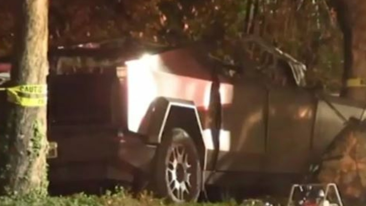 Three high school graduates are dead and one is in hospital after a Tesla Cybertruck crashed at high-speed and erupted into flames in the early hours of Wednesday. Picture: ABC 7News