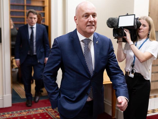 New Zealand's incoming Prime Minister Christopher Luxon leaves after speaking to the media about coalition talks three weeks after the 2023 New Zealand general election, at Parliament in Wellington on November 3, 2023. (Photo by Marty MELVILLE / AFP)