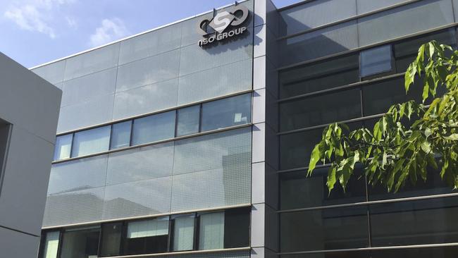 The logo of the Israeli NSO Group company is displayed on a building where they had offices until few months ago. Picture AP/Daniella Cheslow