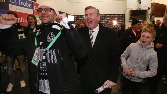 Eddie McGuire sings the song after the win. Pic: Michael Klein