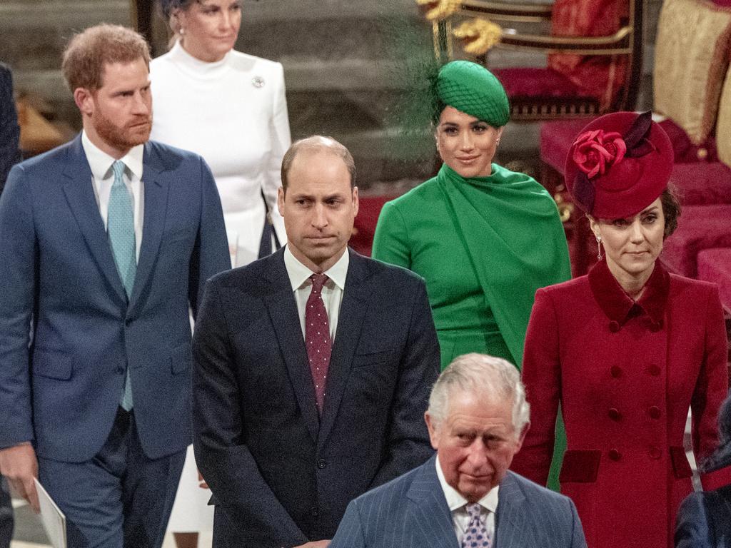 Prince Harry and Meghan Markle, with Prince William, Kate Middleton and Prince Charles, at the couple’s final royal event. Picture: Getty Images