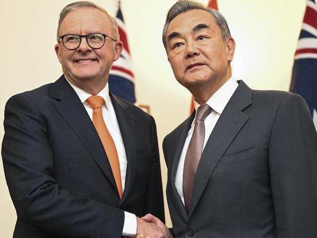 Prime Minister Anthony Albanese with Wang Yi at Parliament House in Canberra. Picture: NCA NewsWire/Martin Ollman