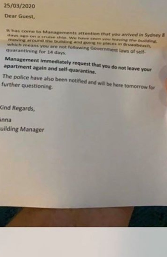 The letter issued to a Broadbeach tower resident.