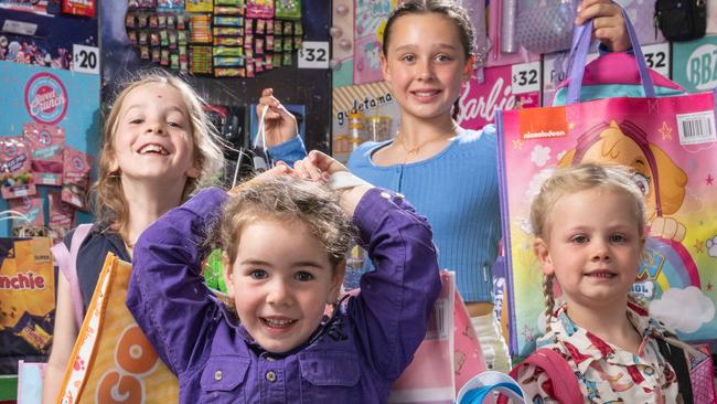 14-10-2024  Sisters Harper 11, Matilda 7, Molly 5, and Evie 4, Koch with some of the show bags on sale at the Geelong Show. Picture: Brad Fleet