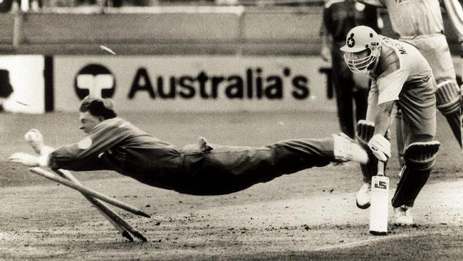 South Africa's Jonty Rhodes dives full length at the stumps to run out Pakistan's Inzamam Ul-Haq during the 1992 World Cup at the Gabba, Brisbane. Picture: Jim Fenwick