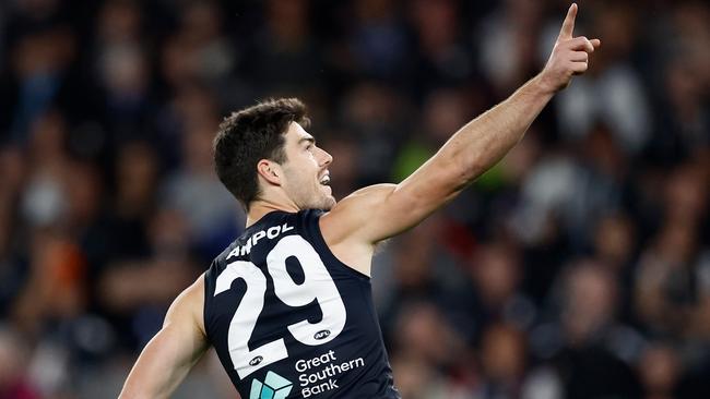 George Hewett celebrates the first goal. Picture: Michael Willson/AFL Photos via Getty Images