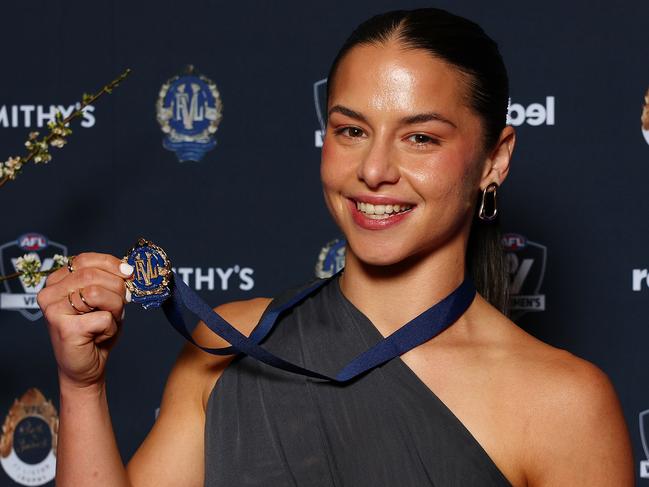 MELBOURNE, AUSTRALIA - SEPTEMBER 16: VFLW Best and Fairest (Lambert-Pearce Medal) Winner, Dom Carbone poses with their medal during the 2024 VFL and VFLW Awards at Crown Palladium on September 16, 2024 in Melbourne, Australia. (Photo by Morgan Hancock/AFL Photos/via Getty Images)