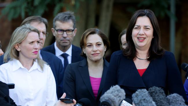 Kate Jones with Premier Annastacia Palaszczuk with Deputy Premier Jackie Trad — three of Labor’s key figures in the election. Pic Mark Calleja