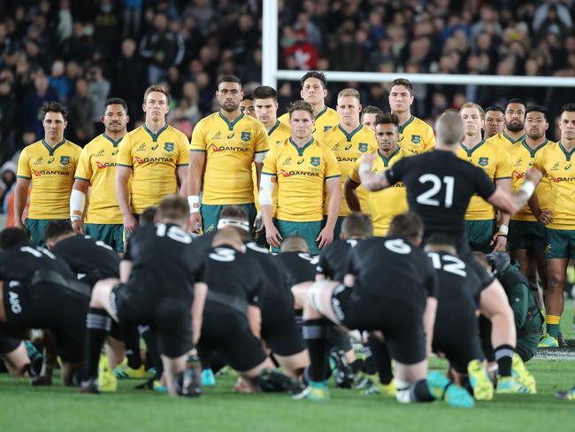 The Wallabies face the haka during the second Bledisloe Cup match between New Zealand and Australia at Eden Park in Auckland, New Zealand, Saturday, August 25, 2018. (AAP Image/Peter Meecham) NO ARCHIVING, EDITORIAL USE ONLY