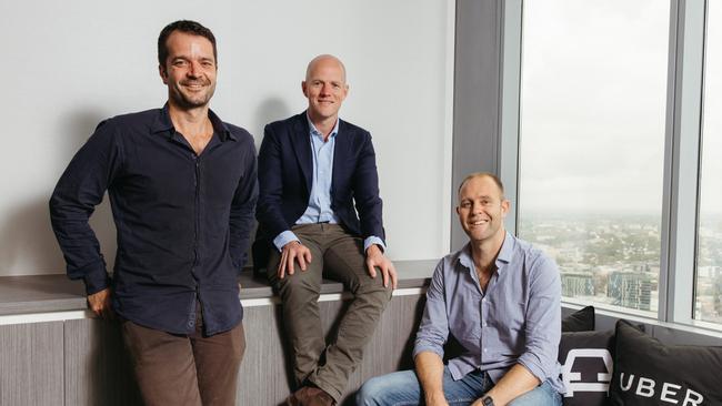 Car Next Door co-founder David Trumbull, Uber Australia and New Zealand general manger Dom Taylor and chief Will Davies.