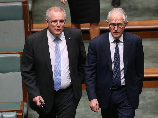 Scott Morrison and PM Malcolm Turnbull in the House of Representatives Chamber at Parliament House in Canberra..