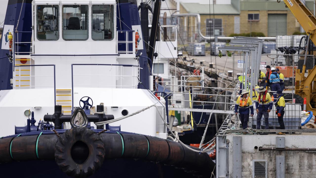 Sunken tug boats at Devonport wharf after being hit by cement carrier GOLIATH. Picture: Grant Viney