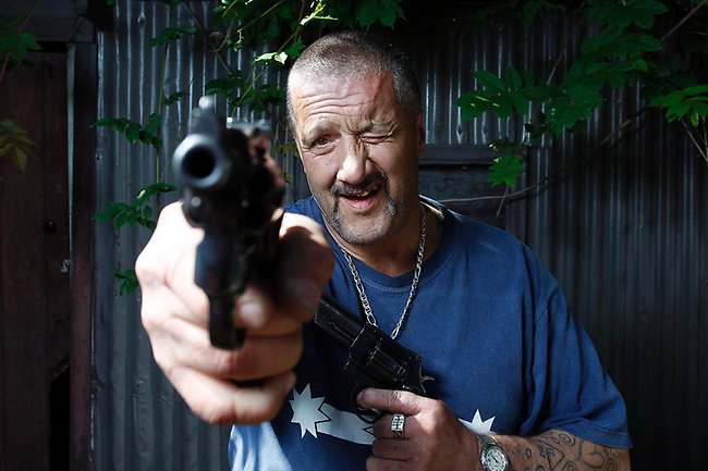 Mark 'Chopper' Read on the set of Pinball, a movie in which Chopper plays himself. Picture: Jake Nowakowski