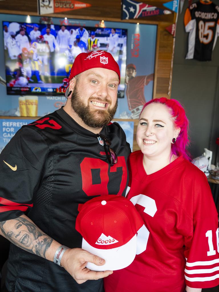 Cam Lewis and Tamara Vernon watch the NFL Super Bowl at Tailgate Sports Bar, Monday, February 14, 2022. Picture: Kevin Farmer