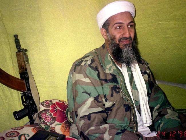 A 1998 photo of Osama bin Laden speaking to reporters in southern Afghanistan three years before 9/11. Picture: Rahimullah Yousafzai.