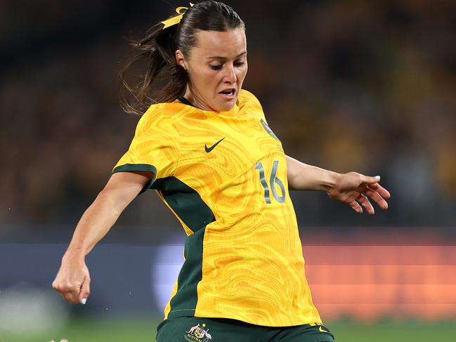 SYDNEY, AUSTRALIA - JUNE 03: Hayley Raso of Australia kicks the ball during the international friendly match between Australia Matildas and China PR at Accor Stadium on June 03, 2024 in Sydney, Australia. (Photo by Cameron Spencer/Getty Images)