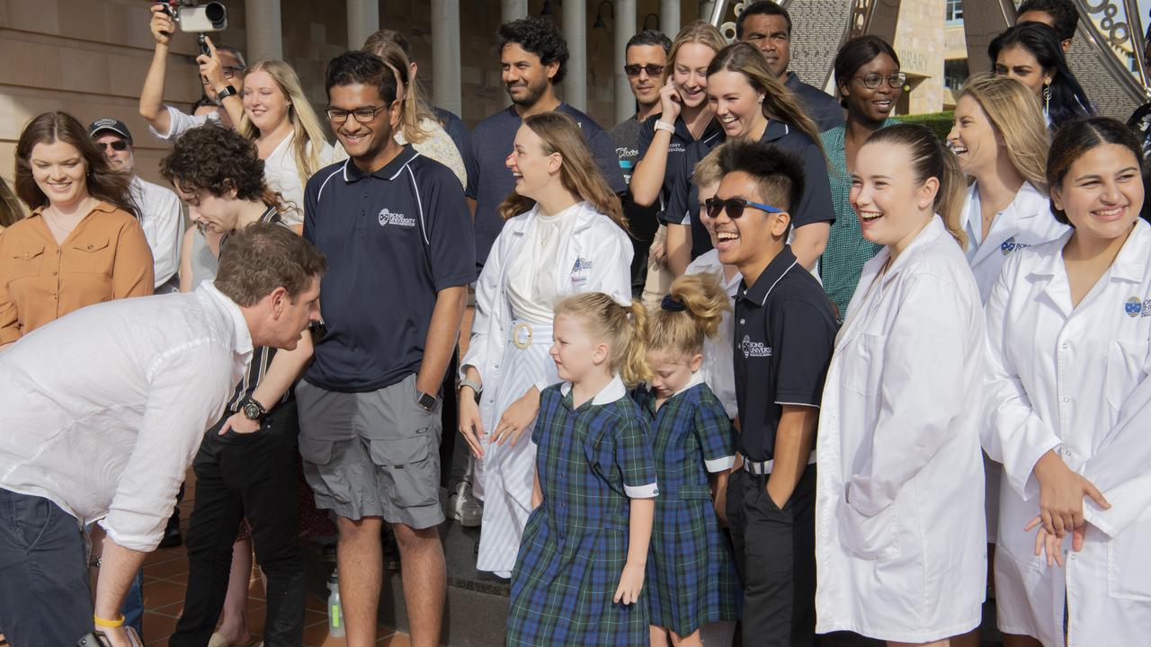 Sunrise weatherman Sam Mac with students at Bond University. Picture: Cavan Flynn/Bond University.