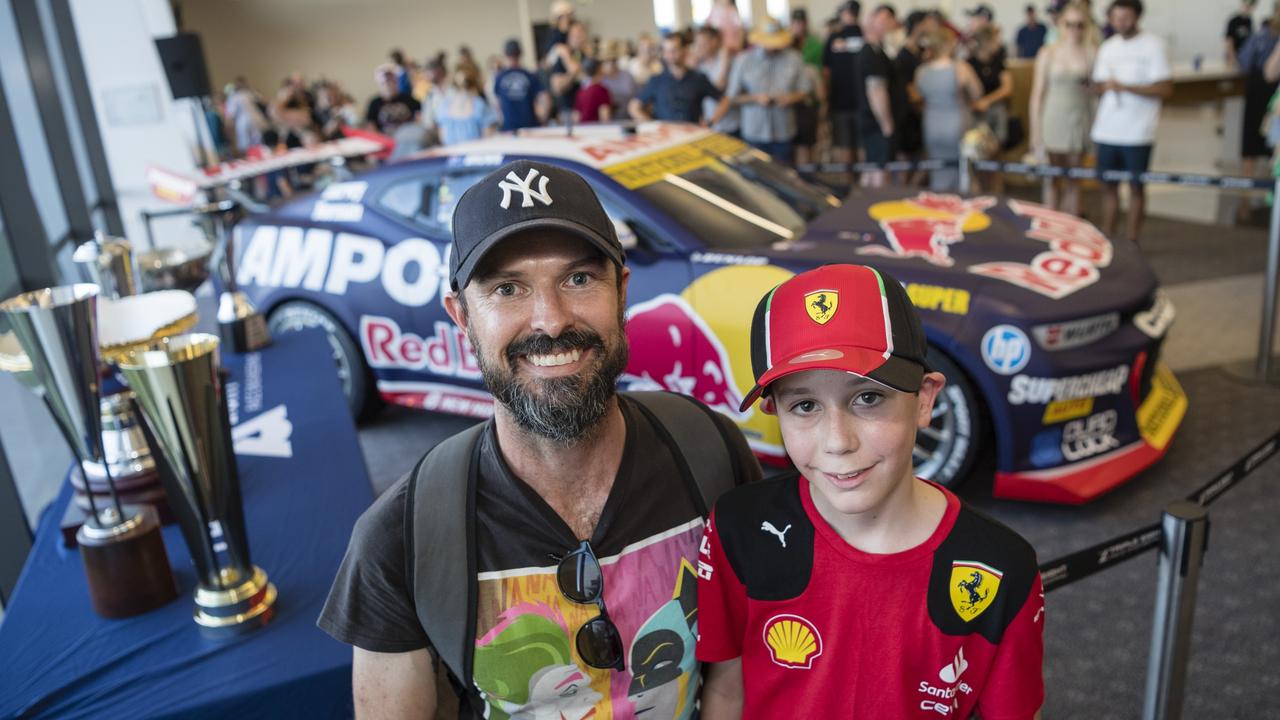 Michael Kelly and son Charlie Kelly as V8 Supercars team Red Bull Ampol Racing launch their 2024 livery at Toowoomba Wellcamp Airport, Saturday, February 3, 2024. Picture: Kevin Farmer